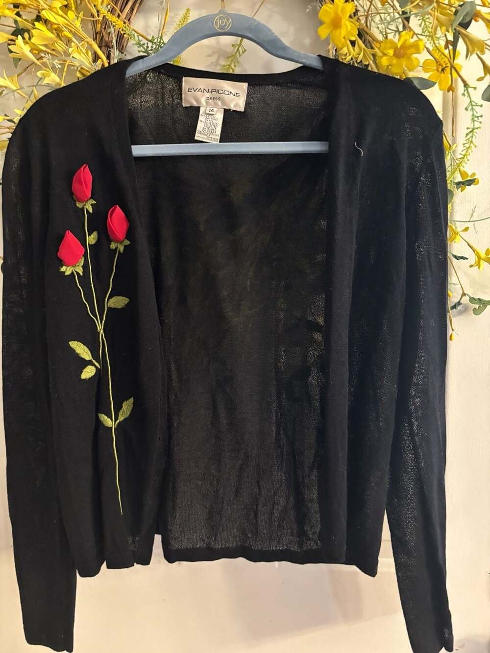 Evan-Picone Black Lightweight Cardigan with Red Rose Embroidery Size 14